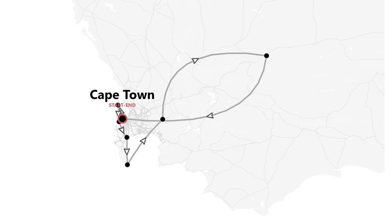 Carte d'un itinéraire de voyage circulaire au départ et à l'arrivée du Cap.