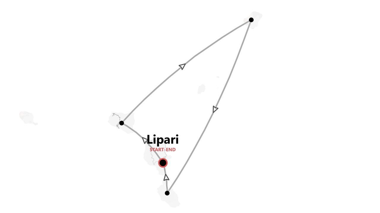 Eine Karte mit einem Reiseverlauf, der auf der Insel Lipari beginnt und endet und mehrere nahegelegene Inseln verbindet.