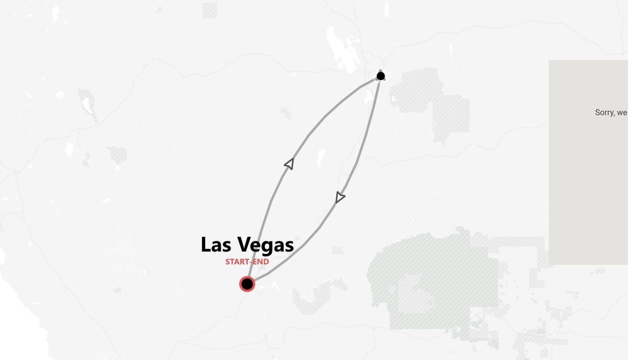 Mappa di un itinerario di viaggio ad anello con inizio e fine a Las Vegas.