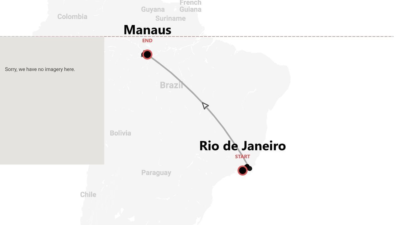 Mappa del Brasile con itinerario di viaggio da Rio de Janeiro a Manaus.