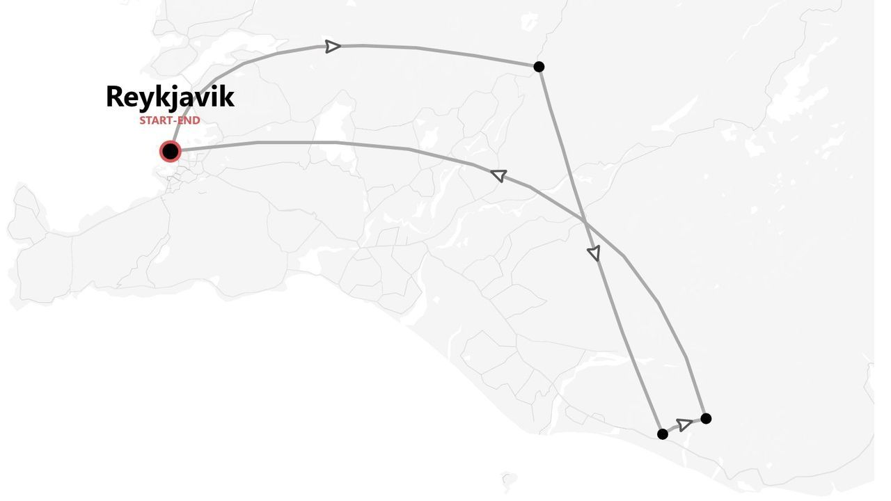 Mappa di un itinerario di viaggio con partenza e arrivo a Reykjavik, Islanda, e tappe lungo il percorso.