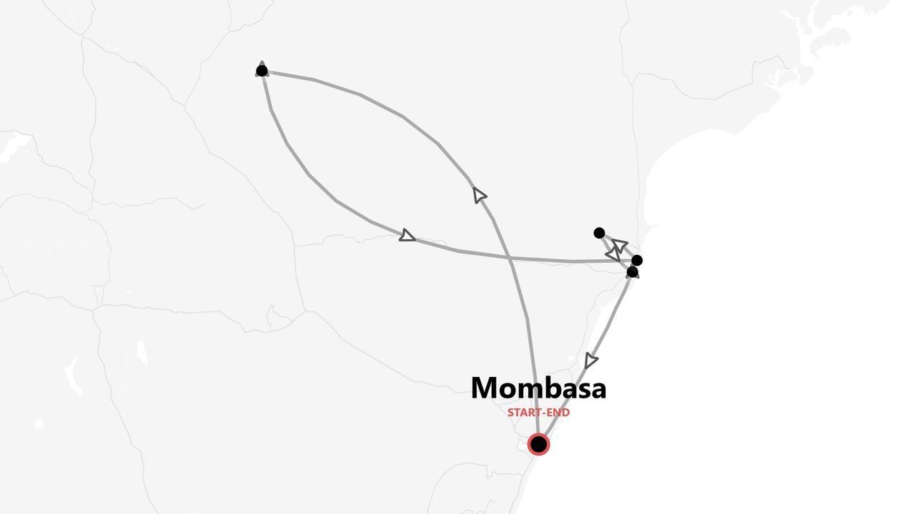 Mappa di un itinerario turistico con più tappe, con inizio e fine a Mombasa.