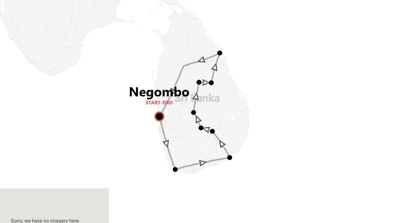 A map of a tour route in Sri Lanka, showing the itinerary starting and ending in Negombo.