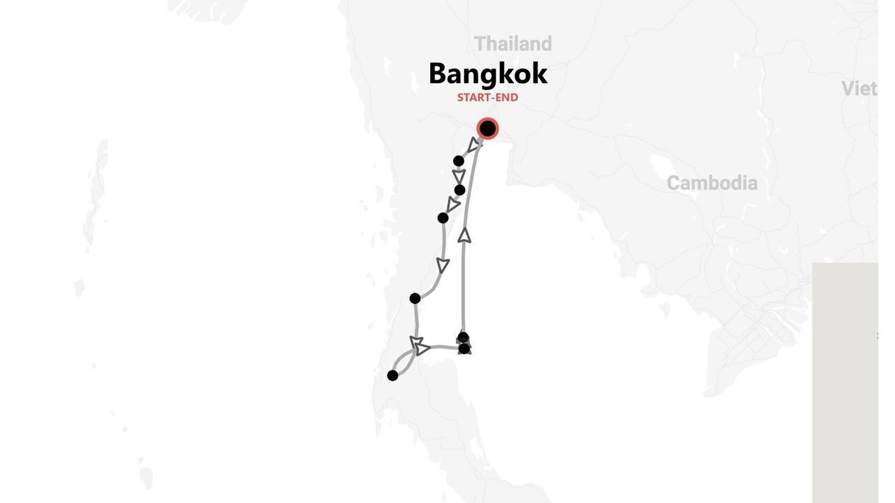 Un mapa de un itinerario de viaje por Tailandia, con una ruta que comienza y termina en Bangkok.