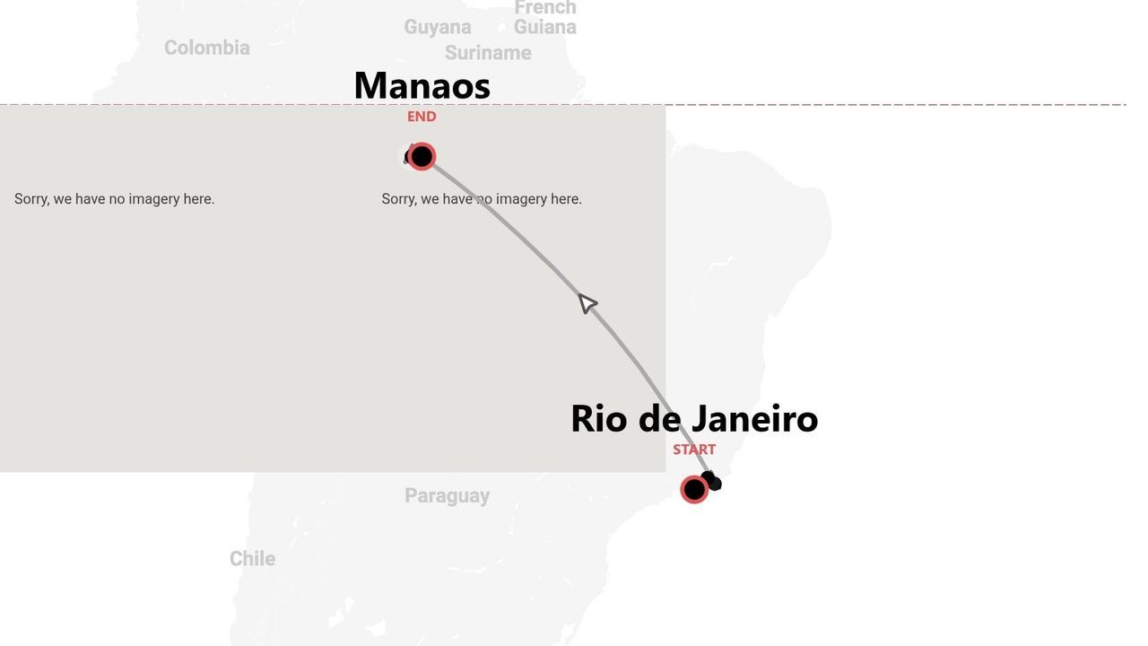 Mapa de un itinerario de viaje por Brasil, de Río de Janeiro a Manaos.