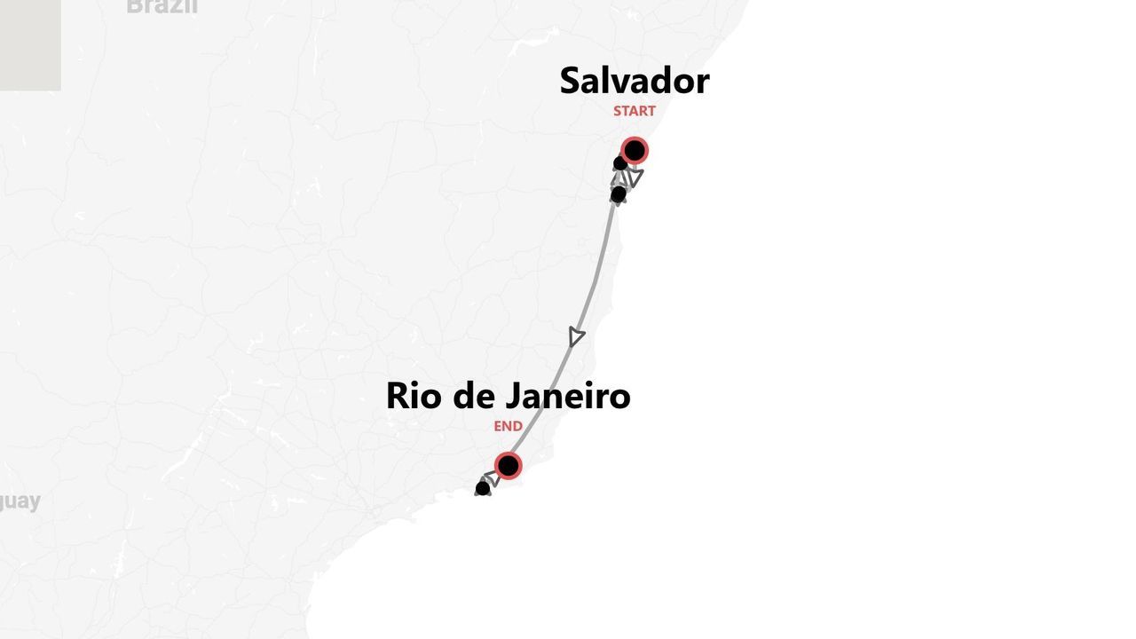 Mappa del Brasile con itinerario di viaggio da Salvador a Rio de Janeiro.