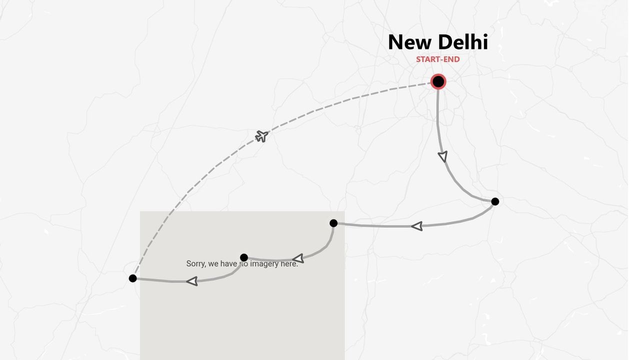 Une carte illustrant un itinéraire de voyage qui débute et se termine à New Delhi, avec le parcours et les étapes indiqués par des lignes et des points.