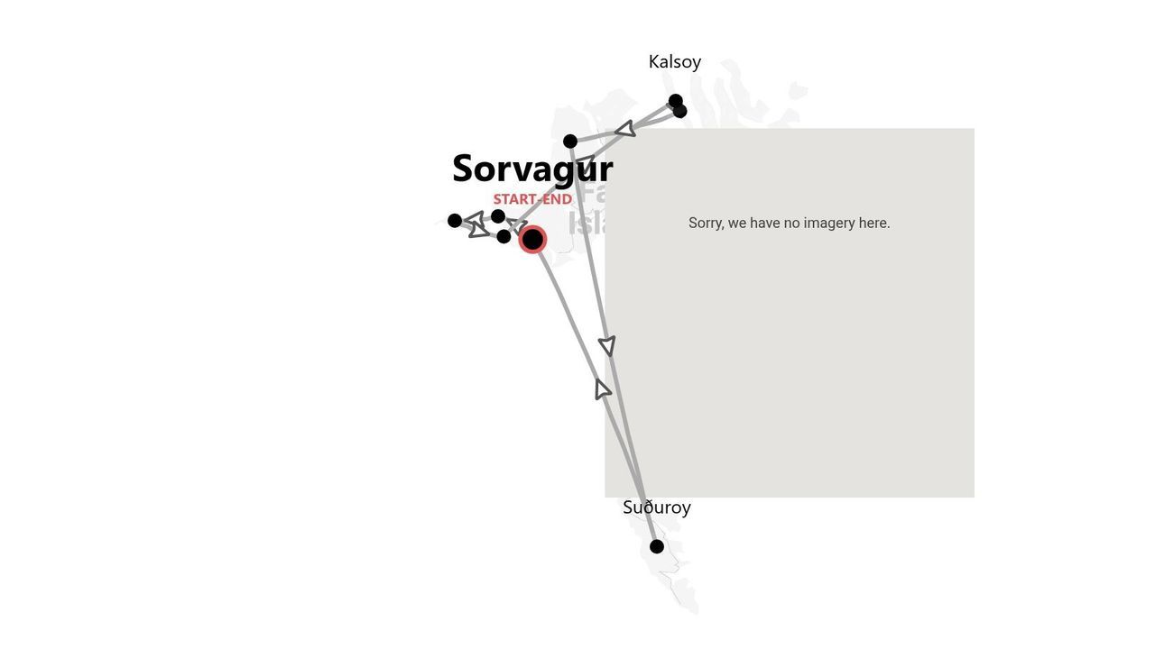 Mappa di un itinerario di viaggio nelle Isole Fær Øer, con partenza e arrivo a Sørvágur e tappe a Kalsoy e Suðuroy.