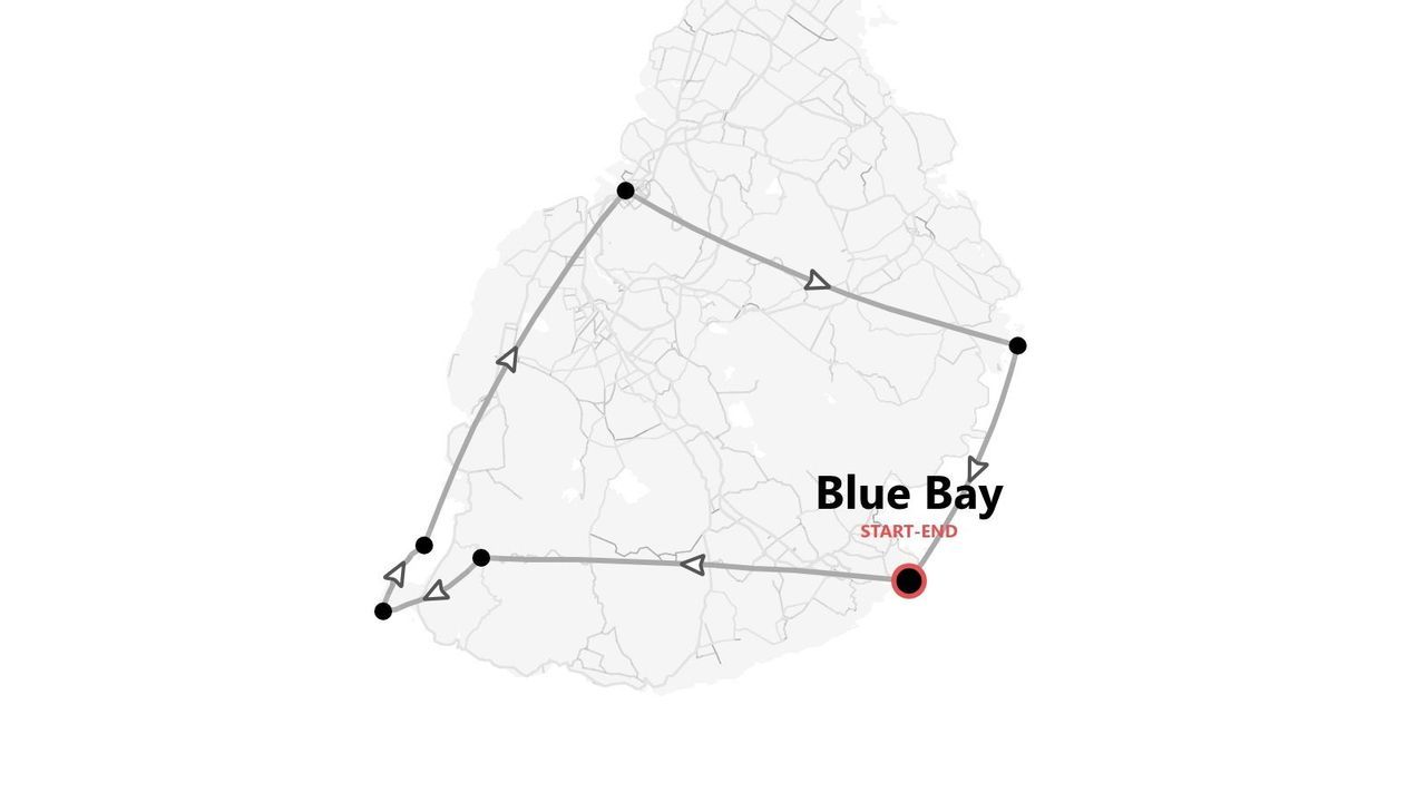 Una mappa che mostra un itinerario di viaggio intorno a un'isola, con il punto di inizio e fine segnato a Baia Blu.