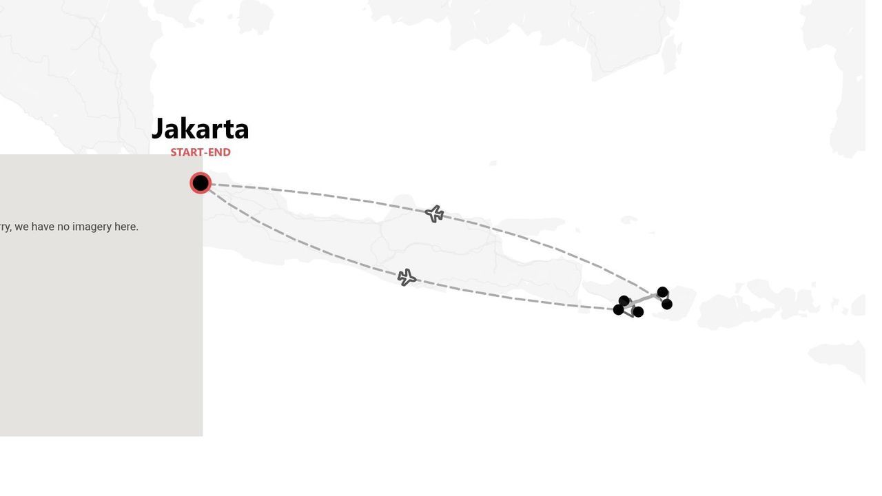 Mappa di un itinerario di viaggio attraverso l'Indonesia, con partenza e arrivo a Giacarta, che mostra le rotte aeree e le diverse tappe.