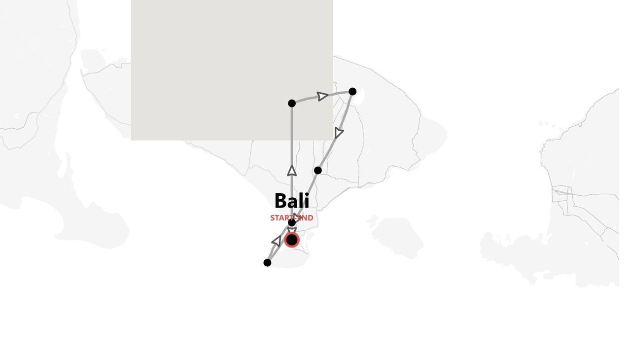Una mappa grafica di Bali che mostra un itinerario di tour con tappe multiple, con inizio e fine nel sud dell'isola.