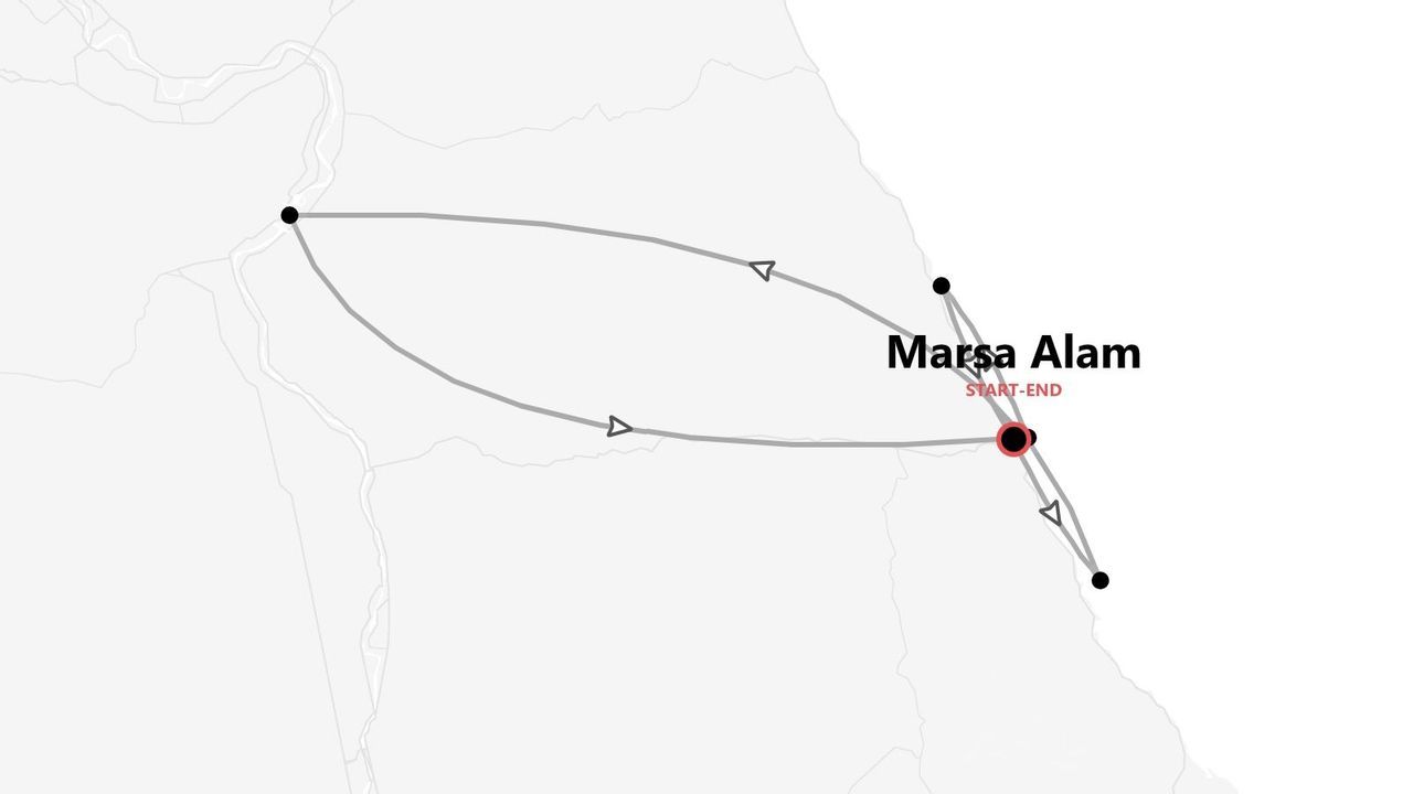 Mappa minimalista di un itinerario circolare con diverse tappe, con partenza e arrivo a Marsa Alam.