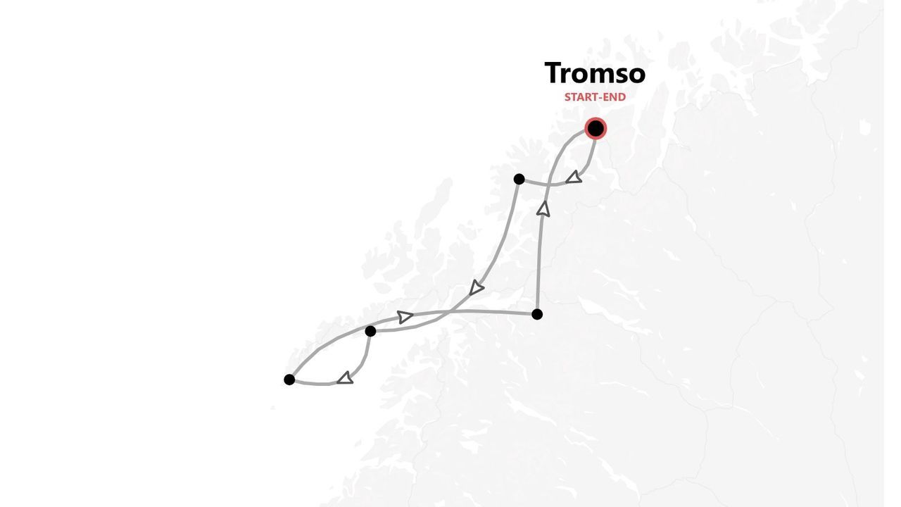 Mappa di un itinerario di viaggio con partenza e arrivo a Tromso, Norvegia, su una costa stilizzata.