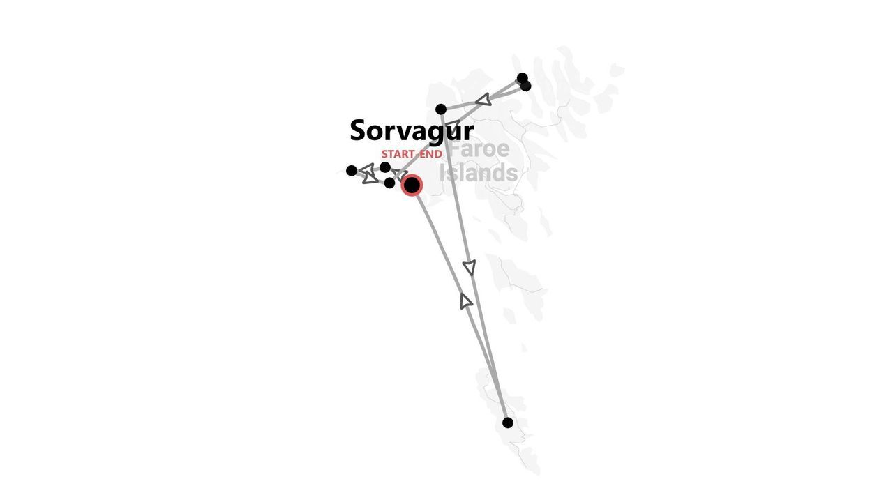 Mappa dell'itinerario di viaggio delle Isole Fær Øer, con inizio e fine a Sorvagur.
