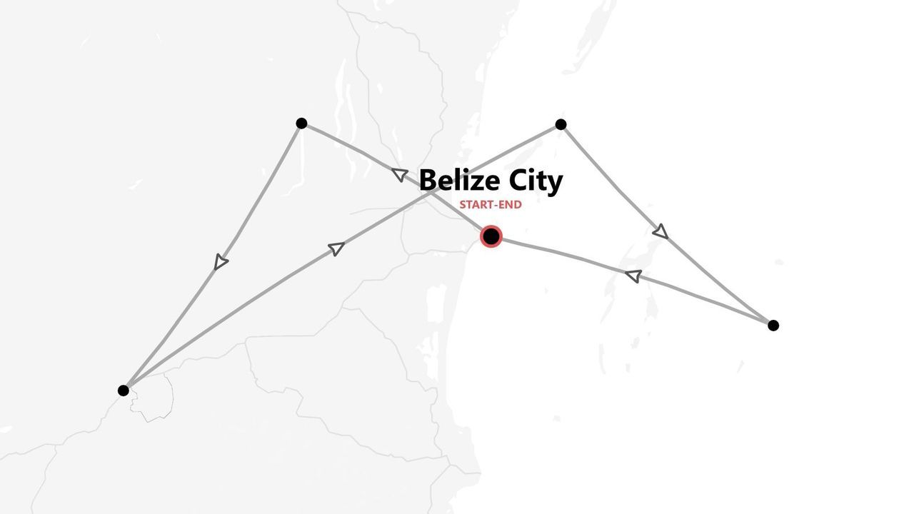 Mappa di un itinerario di viaggio in Belize, con partenza e arrivo a Belize City.
