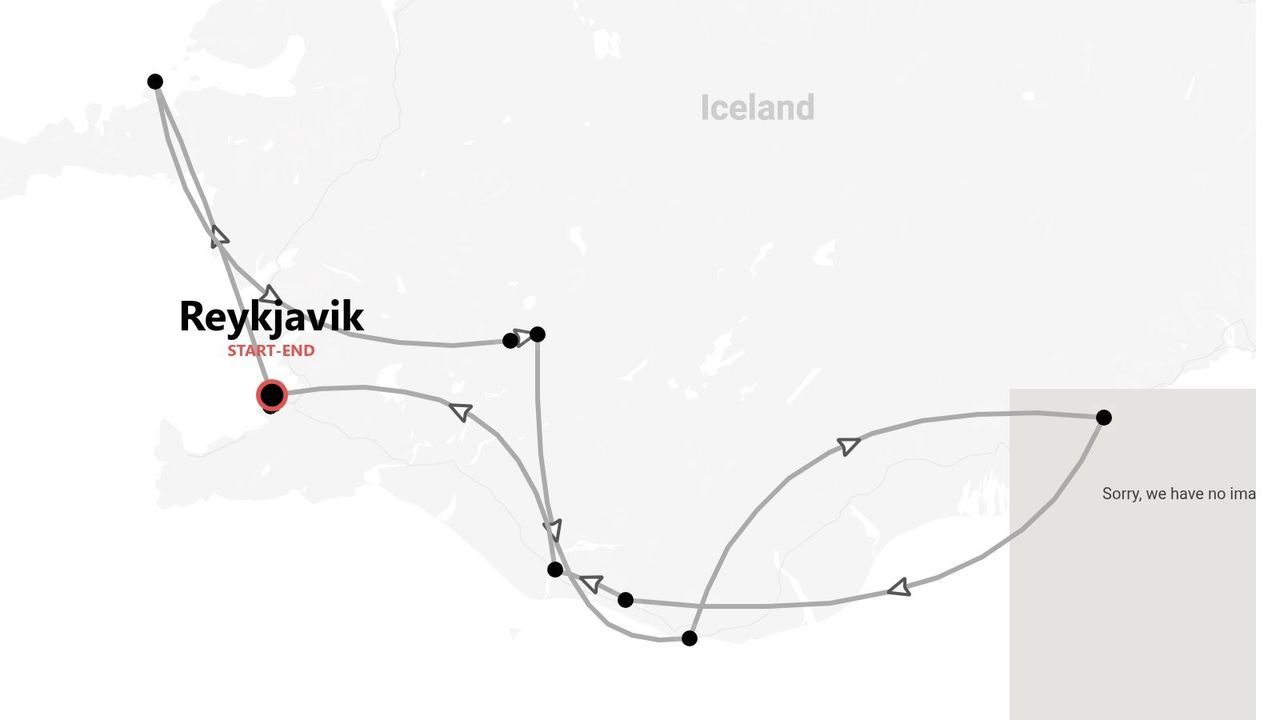 Mappa di un itinerario di viaggio in Islanda, con partenza e arrivo a Reykjavik.