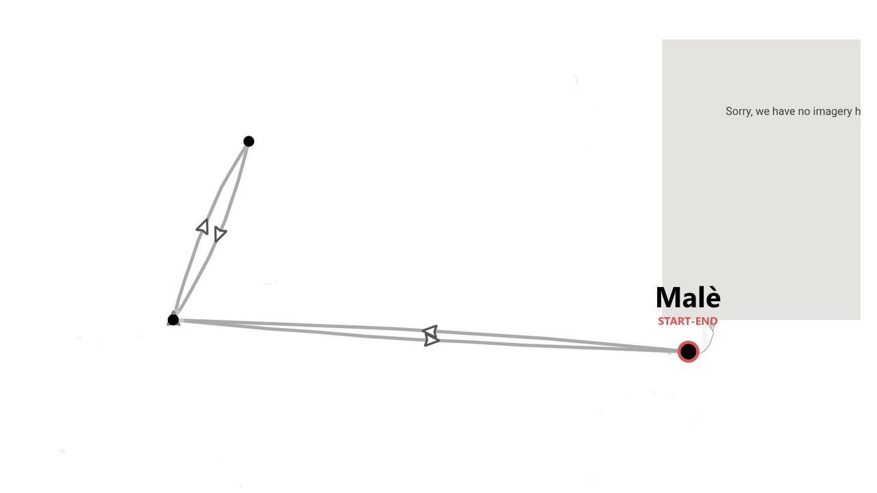 Mappa di un percorso circolare con partenza e arrivo a Malè su sfondo bianco.