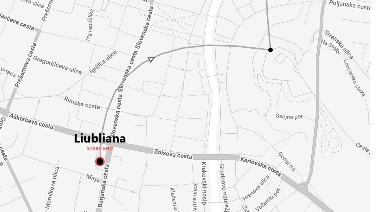 Un mapa de calles en escala de grises que muestra una ruta por Liubliana. Se marca un punto de inicio y final, y calles como Slovenska cesta son visibles.