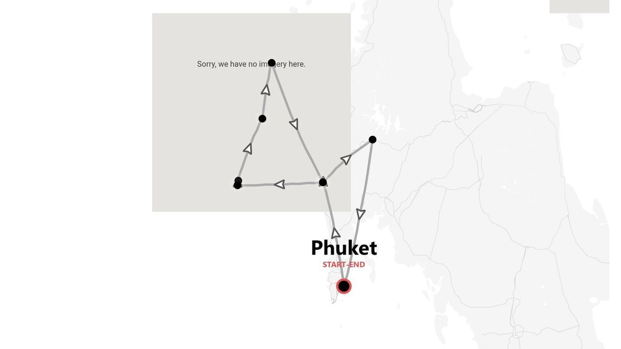 Una mappa che mostra un itinerario di viaggio con più tappe, con inizio e fine a Phuket.