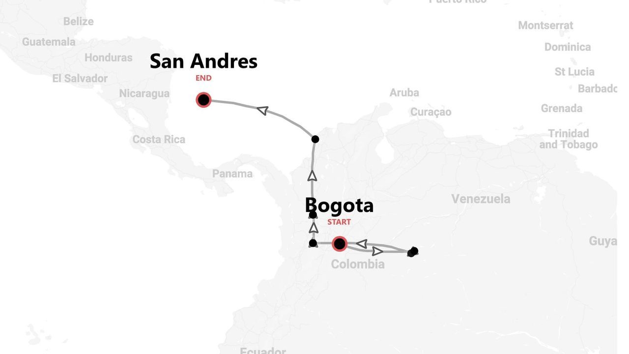 Mappa di un itinerario di viaggio in Colombia, con partenza da Bogotà e arrivo a San Andrés.