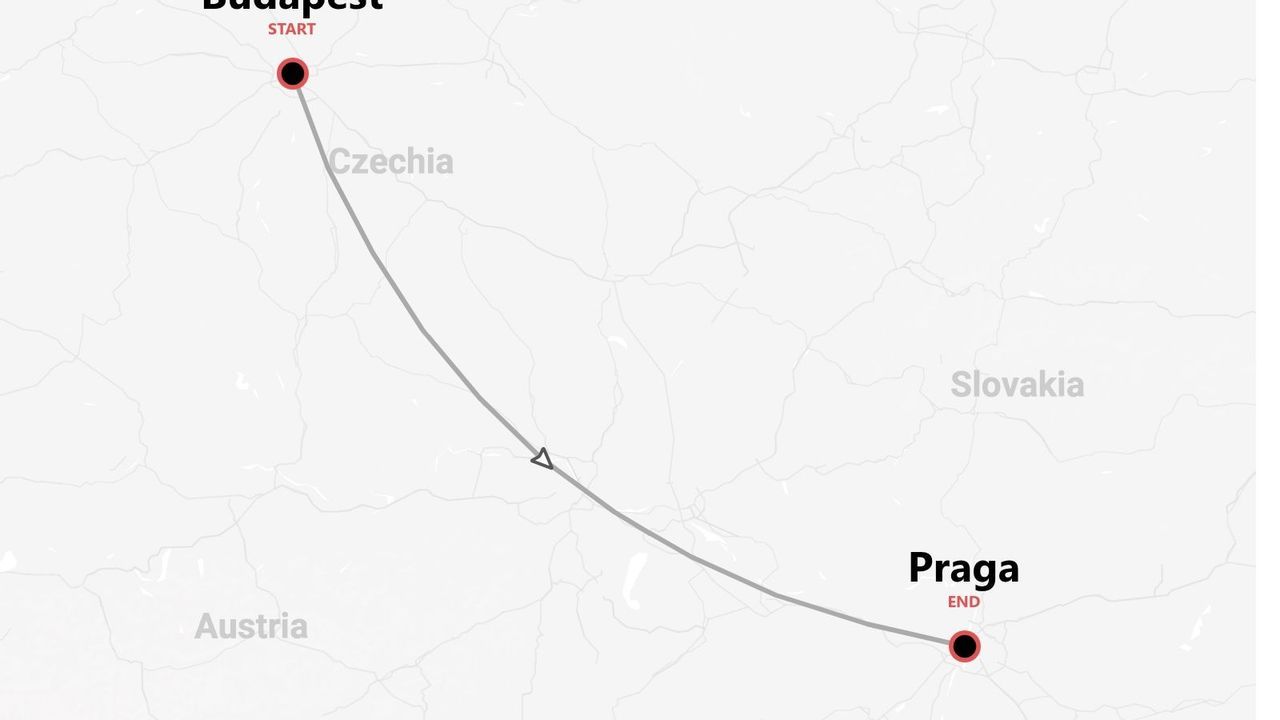 Mappa itinerario da Budapest a Praga, passando per la Cechia.