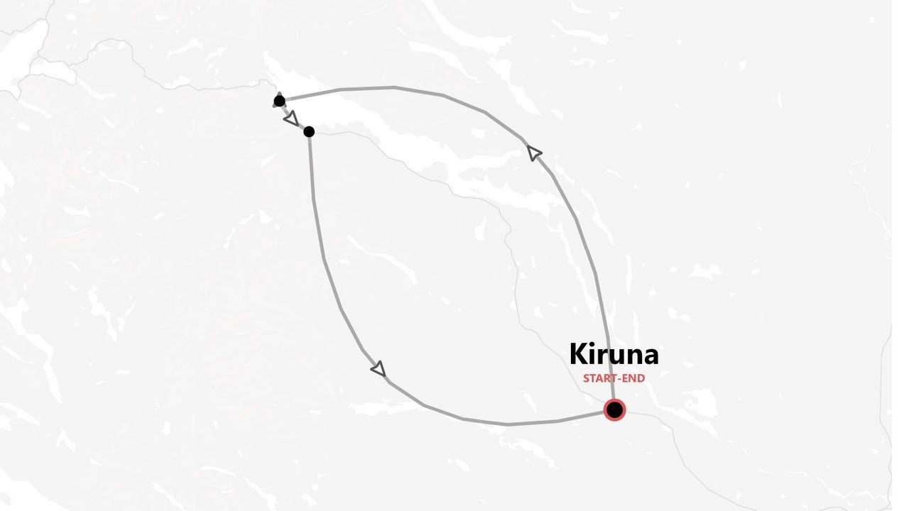Una mappa che mostra un itinerario di viaggio ad anello con partenza e arrivo a Kiruna, contrassegnato da una puntina rossa.