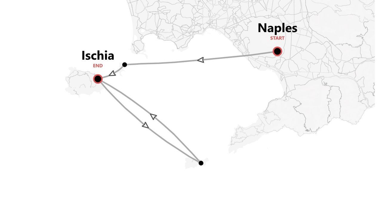 A map illustrating a travel itinerary starting from Naples, with the route ending on the island of Ischia.