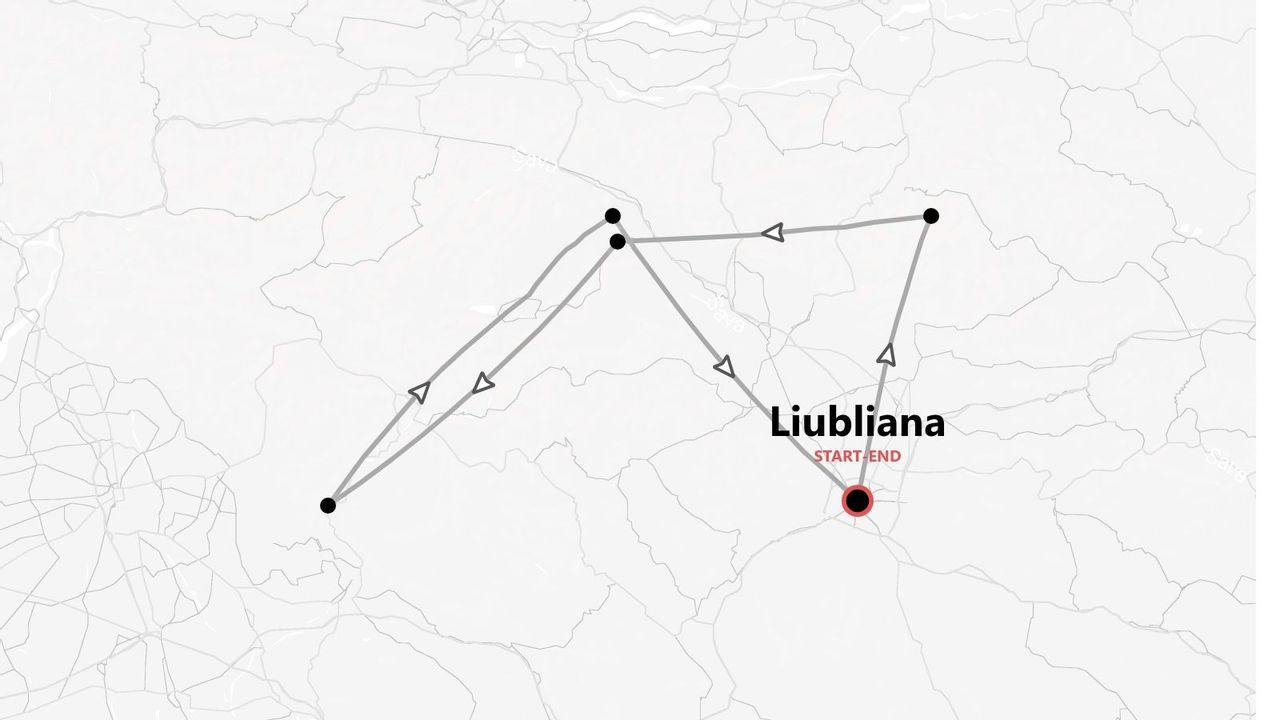 Mapa de itinerario turístico con ruta y paradas marcadas, comenzando y terminando en Liubliana.