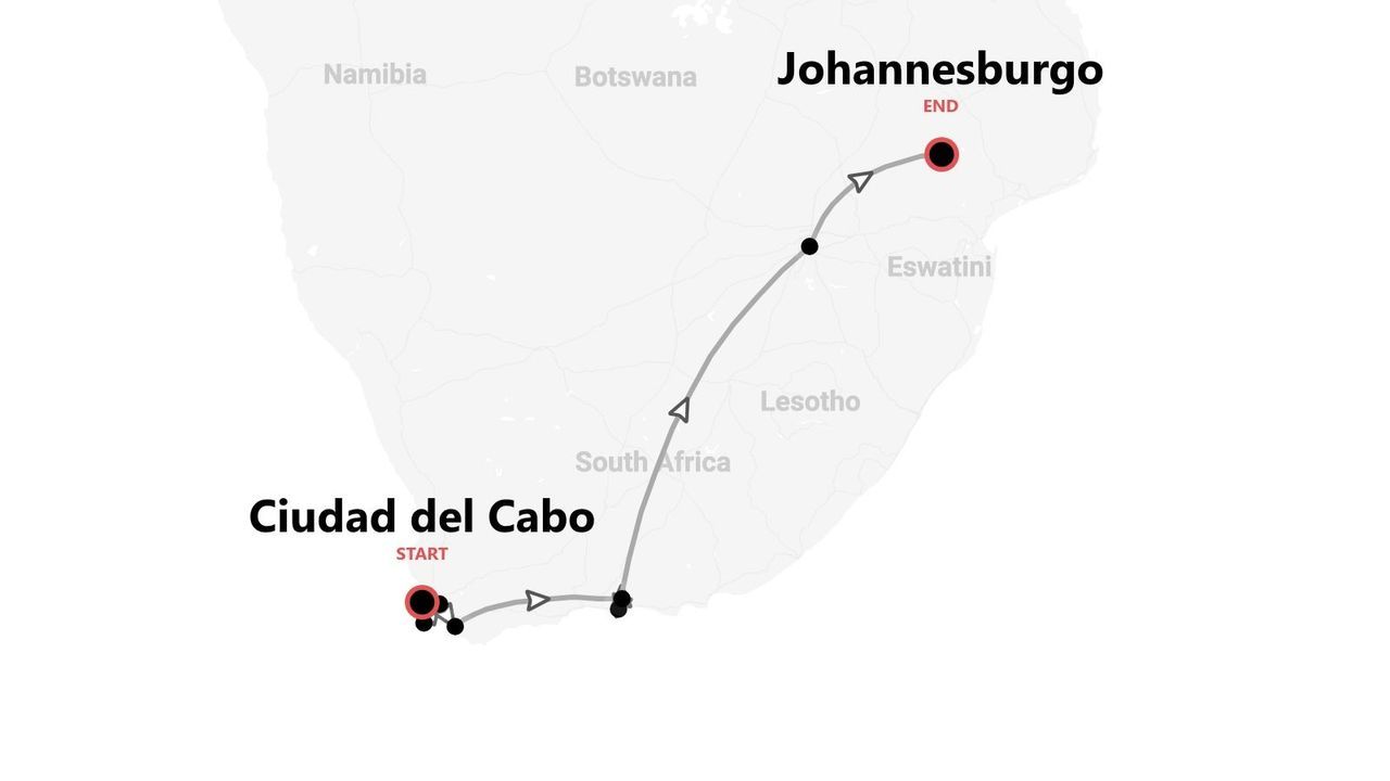 Ruta de viaje por Sudáfrica, de Ciudad del Cabo a Johannesburgo.