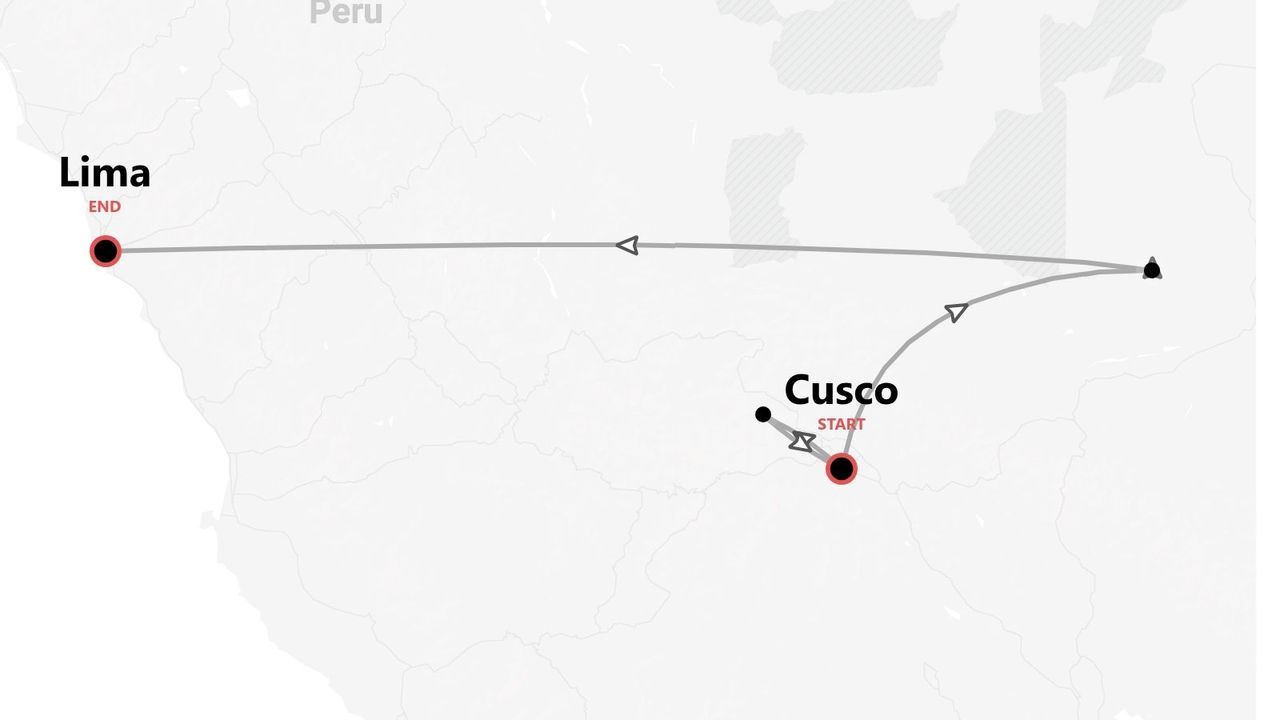 A map of a travel itinerary in Peru, showing a route that starts in Cusco and ends in Lima.
