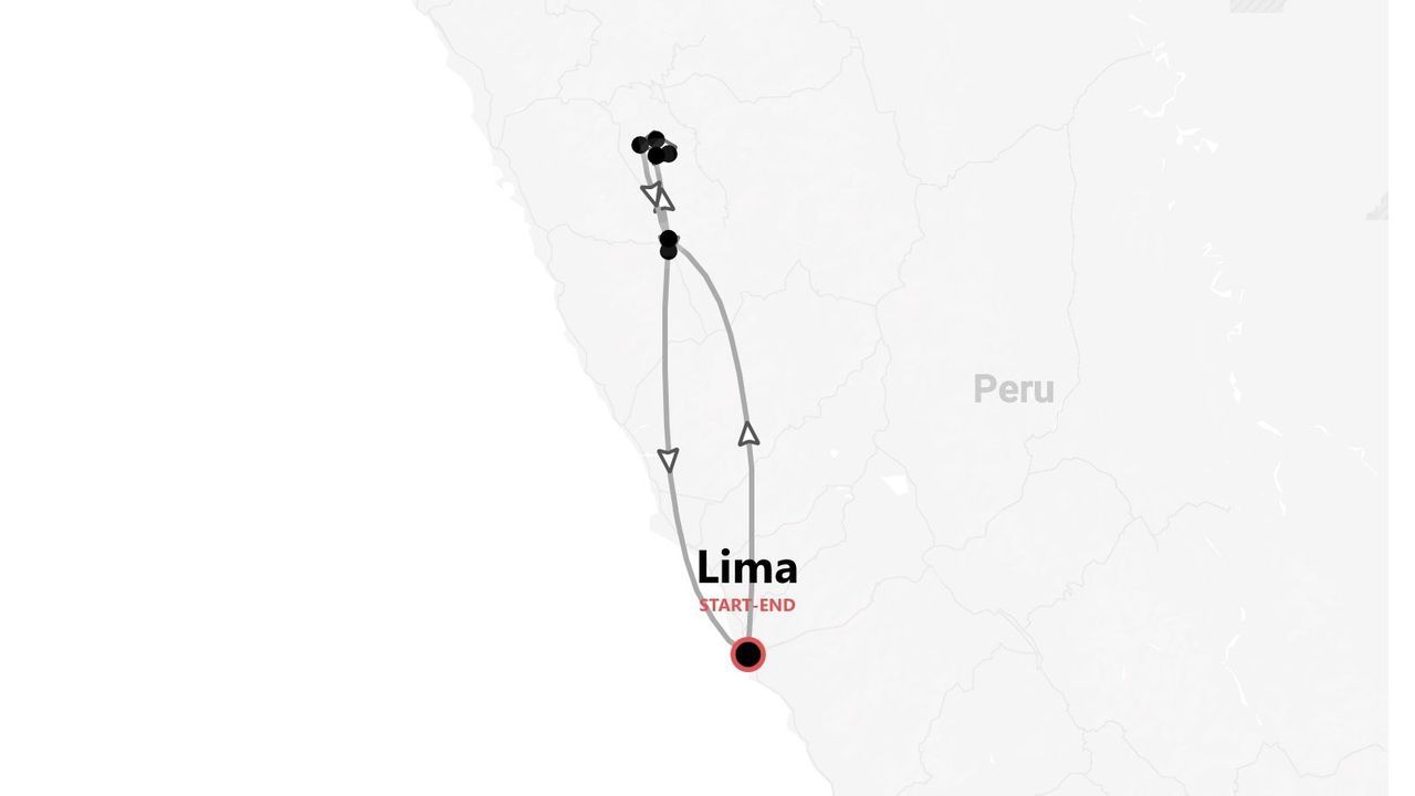 Mappa del Perù con itinerario di viaggio con partenza e arrivo a Lima.