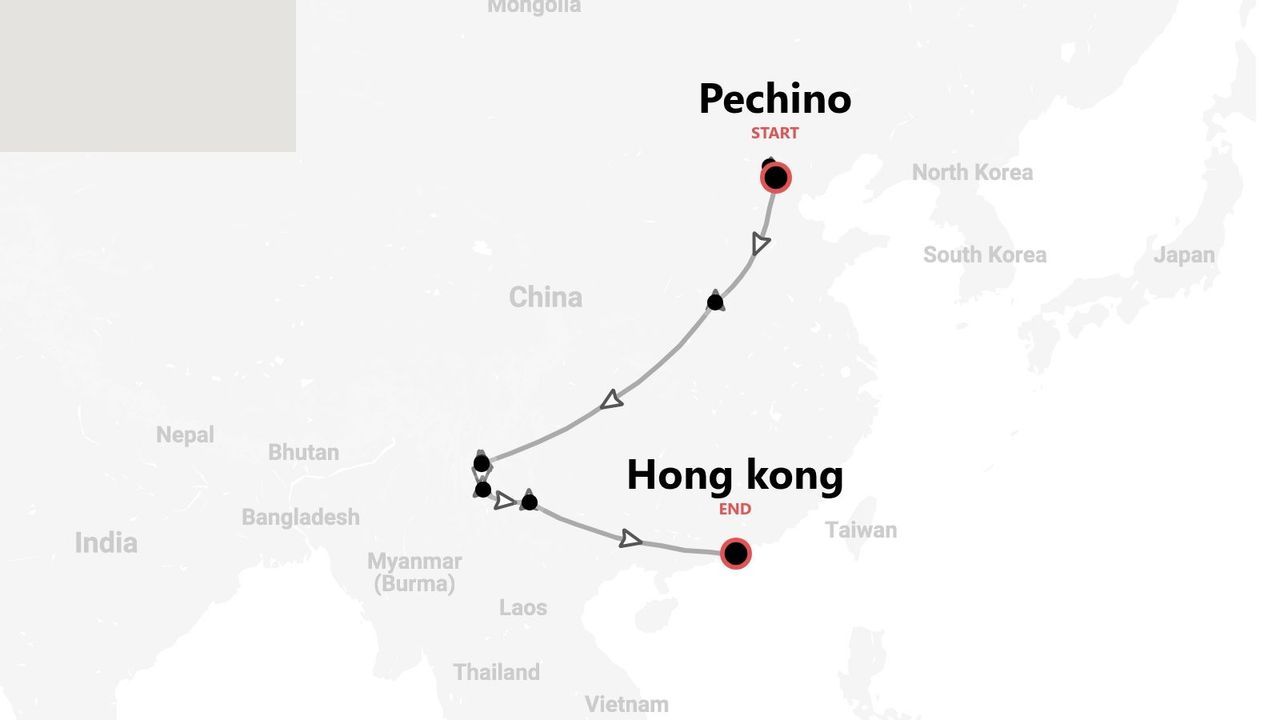 Una mappa che mostra un itinerario di viaggio attraverso la Cina, con partenza da Pechino e arrivo a Hong Kong, e i paesi circostanti etichettati.