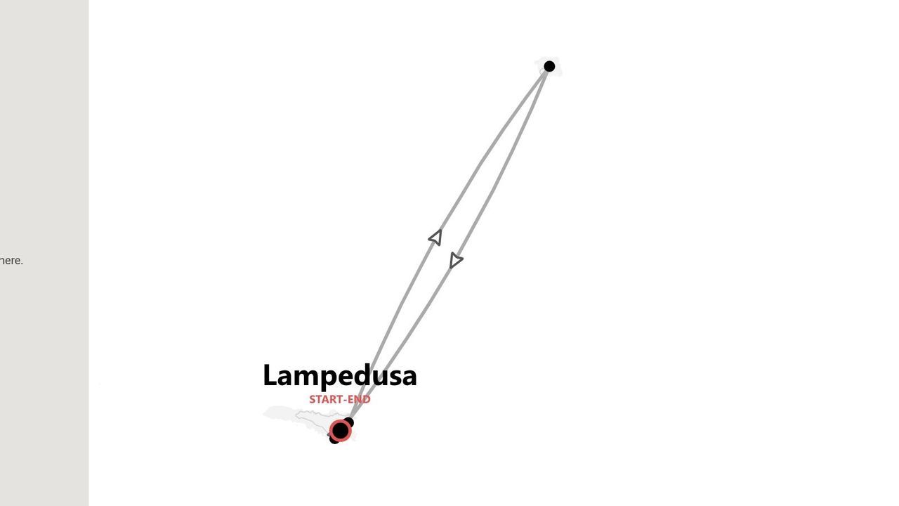 Mappa stilizzata che illustra l'itinerario di viaggio a Lampedusa, con l'isola come inizio e fine del percorso ad anello.