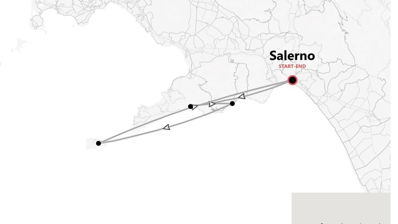 Mappa minimalista di un itinerario di viaggio che parte e finisce a Salerno, con il percorso tracciato lungo la costa vicina.