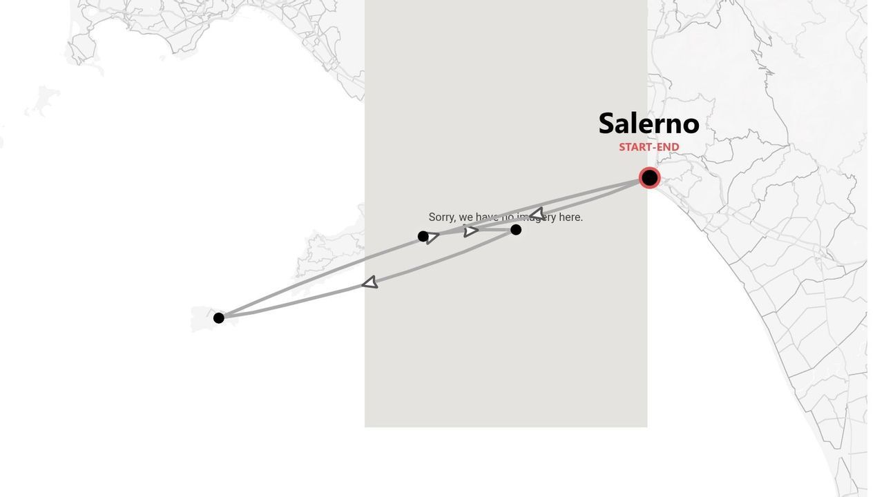 Eine stilisierte Karte, die eine Reiseroute zeigt, die in Salerno, Italien, beginnt und endet, mit einer durch Linien und Punkte markierten Strecke.