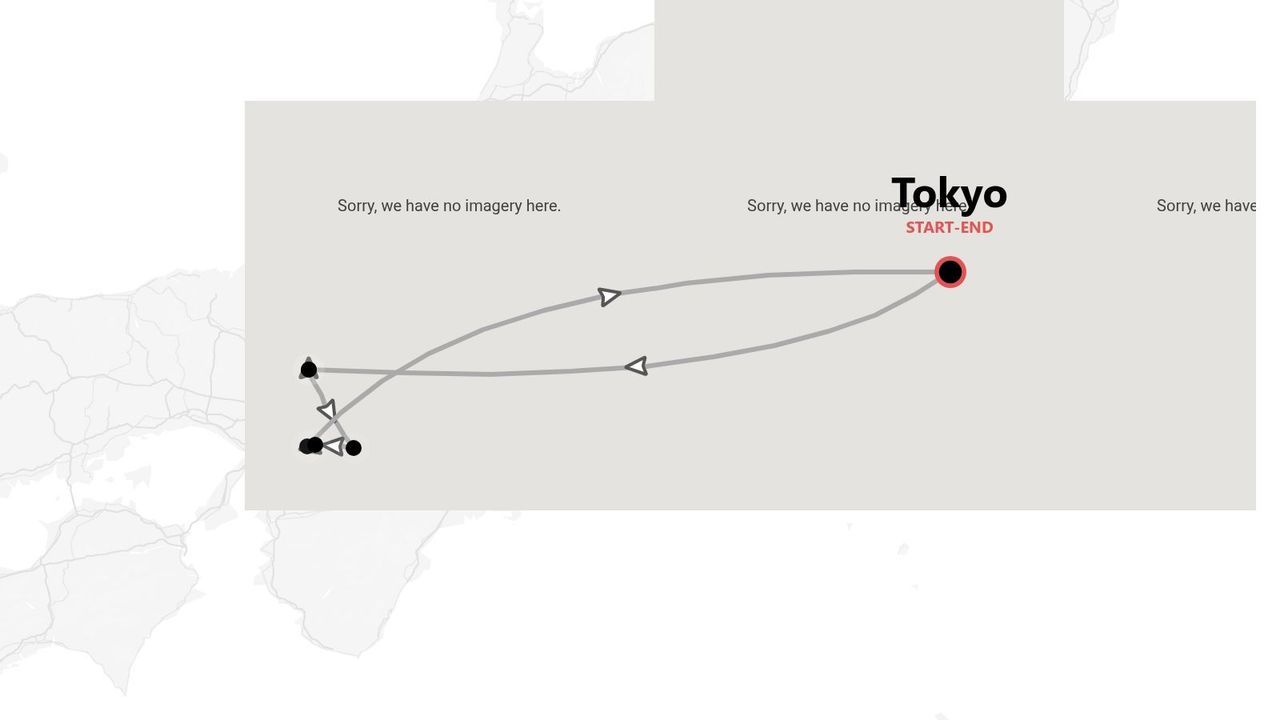Mappa stilizzata di un itinerario di viaggio circolare con partenza e arrivo a Tokyo.
