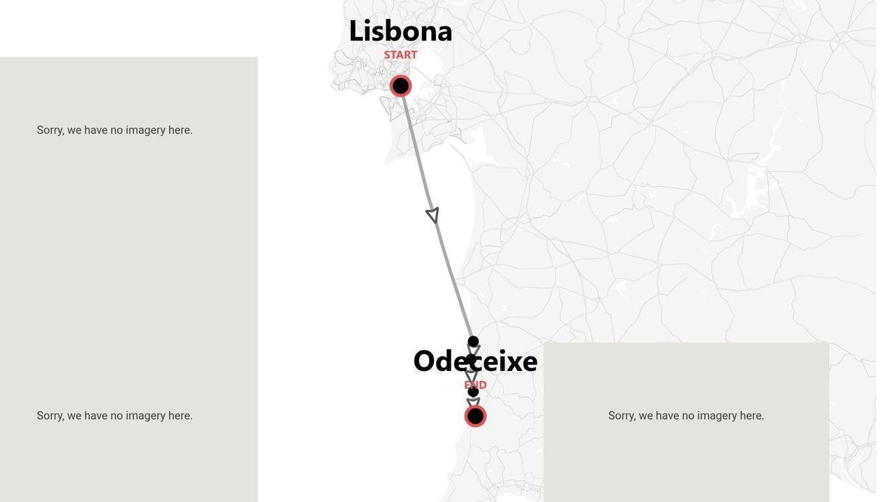 Mappa di un itinerario di viaggio da Lisbona a Odeceixe.
