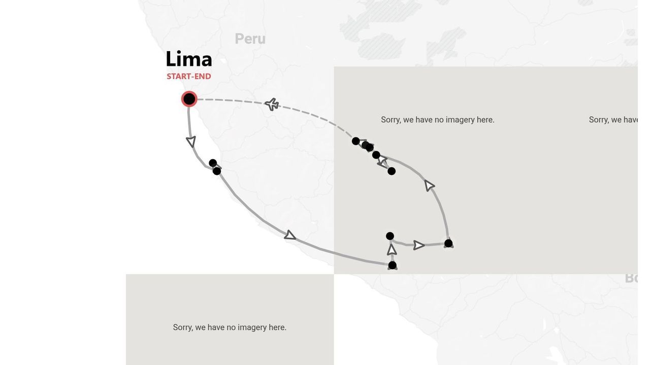Mappa dell'itinerario di viaggio in Perù, con un percorso che parte e arriva a Lima.