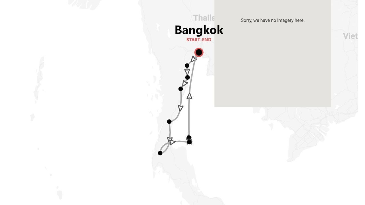 Mappa di un itinerario di viaggio in Thailandia con partenza e arrivo a Bangkok.