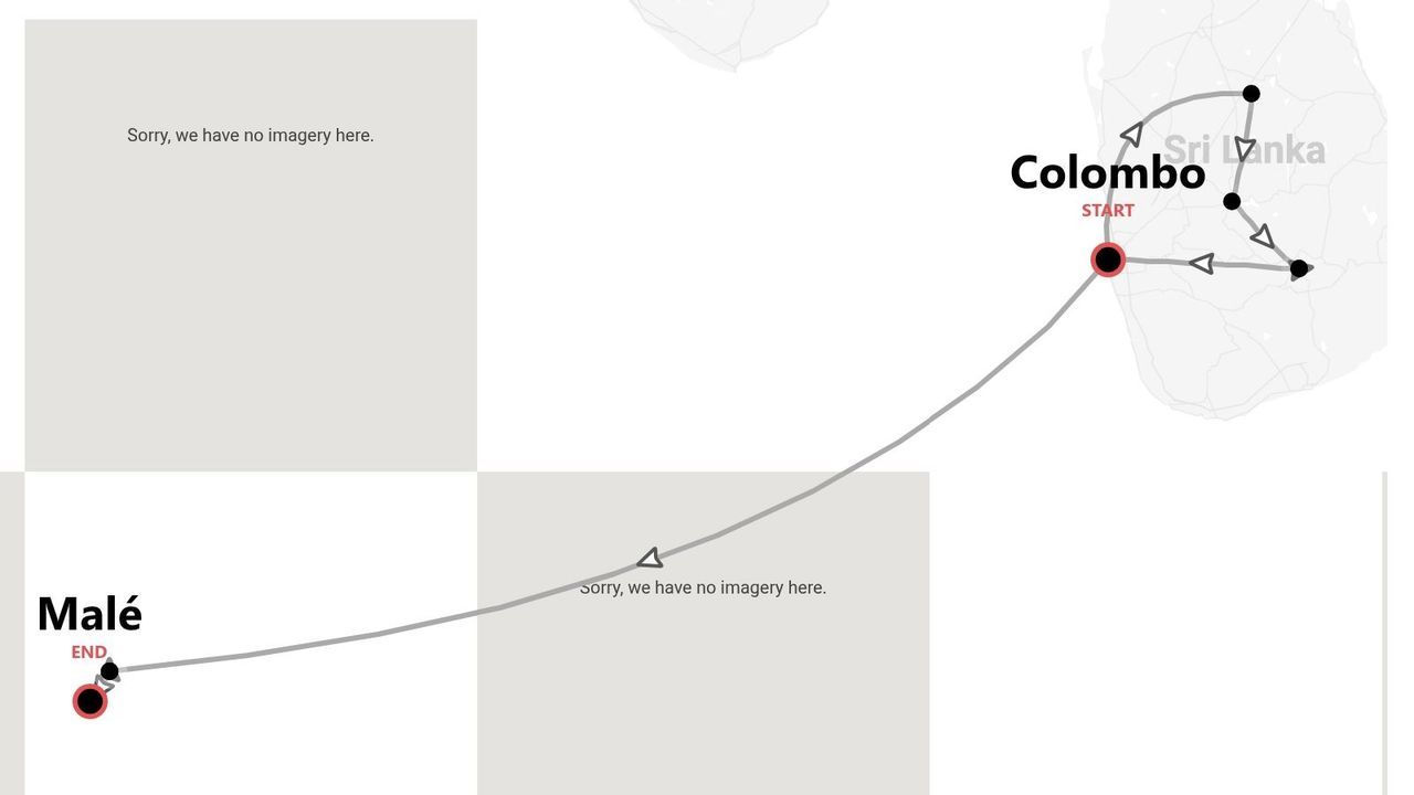 Una mappa che mostra un itinerario di viaggio con partenza da Colombo, Sri Lanka, con diverse tappe all'interno del paese e con arrivo a Malé.