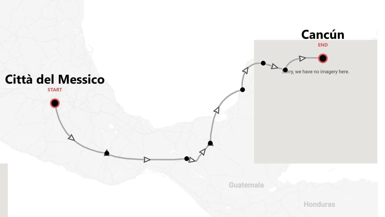 Mappa di un itinerario di viaggio da Città del Messico a Cancún.