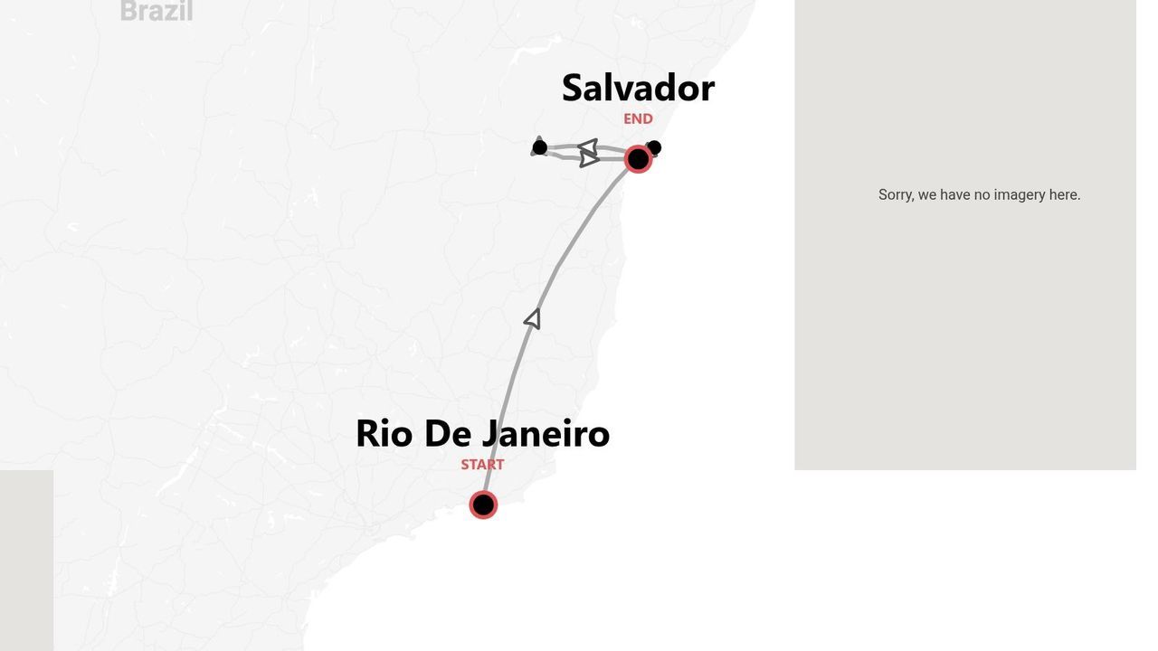 Mappa di un itinerario di viaggio in Brasile, da Rio de Janeiro a Salvador.
