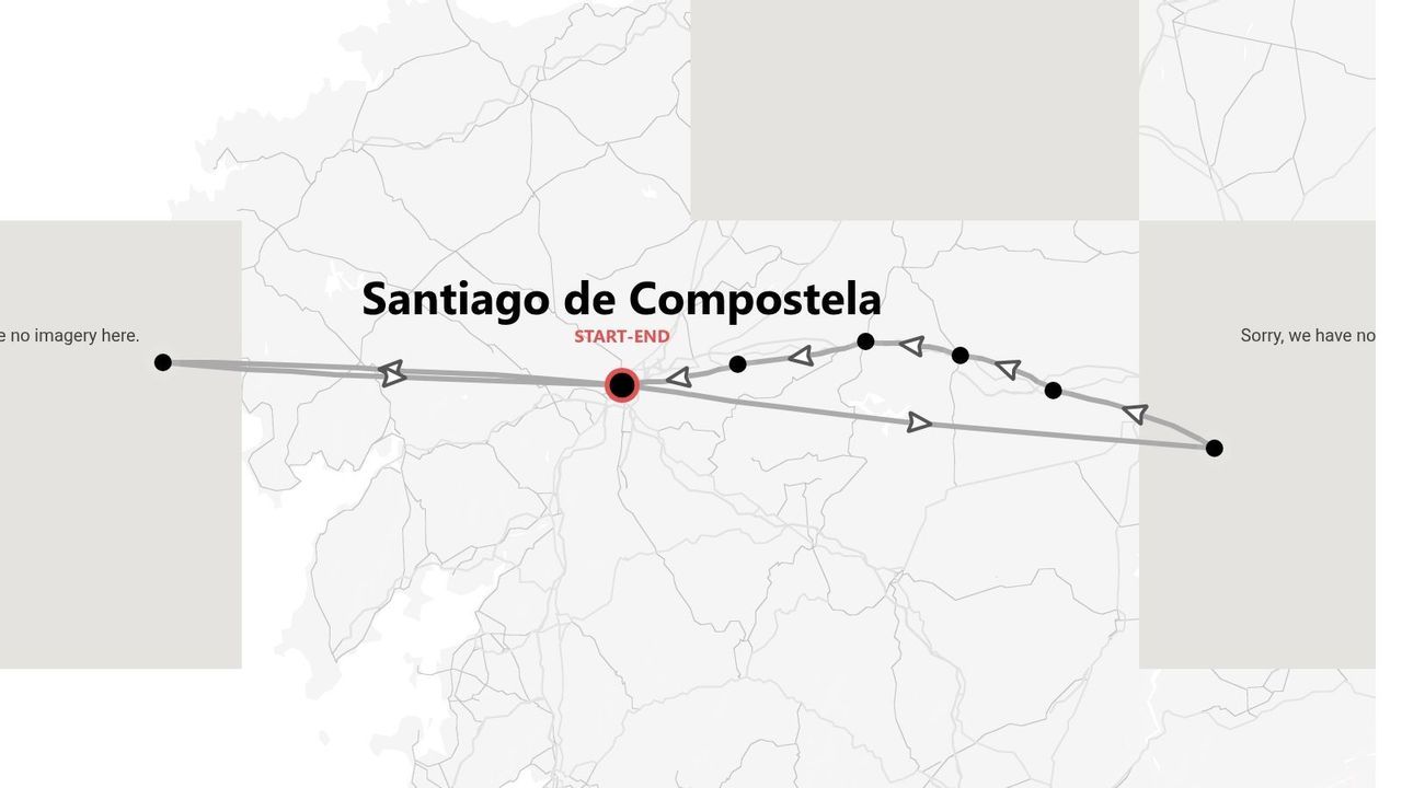 Una mappa stilizzata che mostra un itinerario di viaggio che inizia e finisce a Santiago de Compostela, contrassegnato da un percorso circolare.