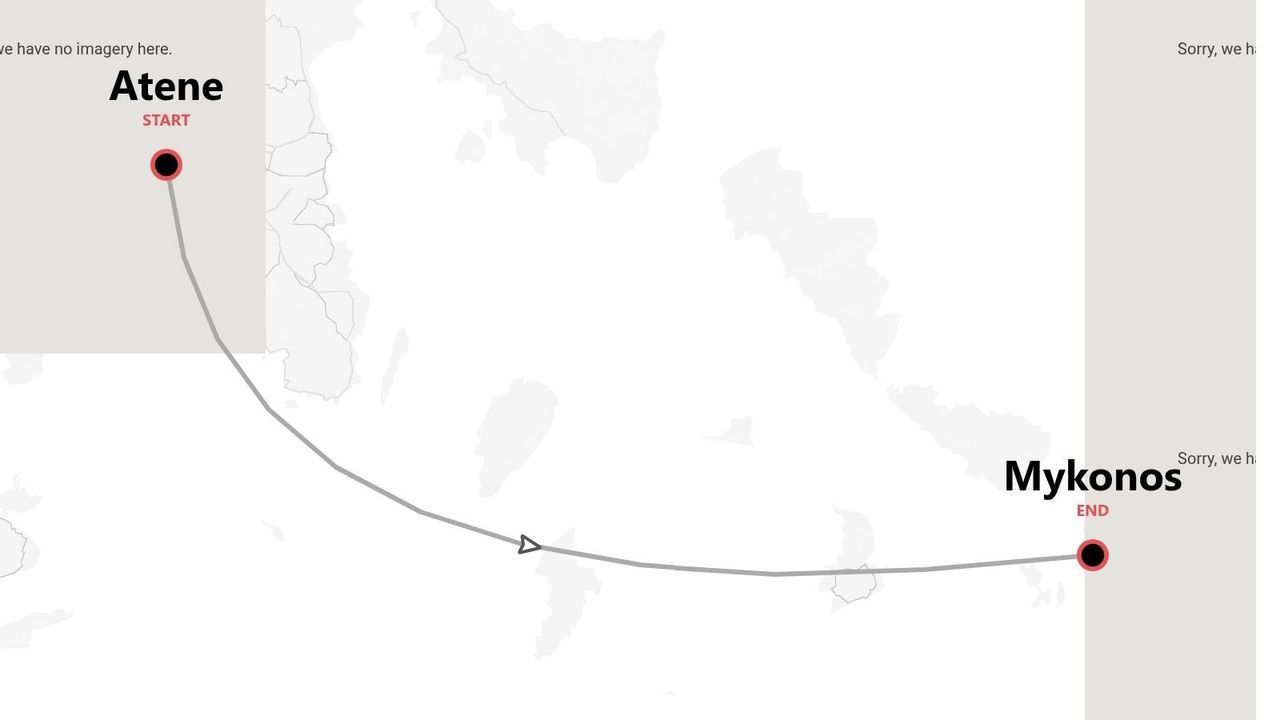 Mappa minimalista di un itinerario di viaggio da Atene a Mykonos, Grecia.