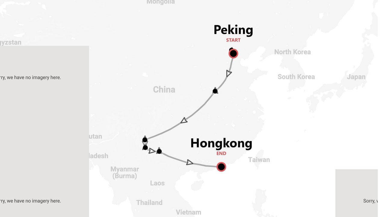 Reisekarte China: Route von Peking nach Hongkong.