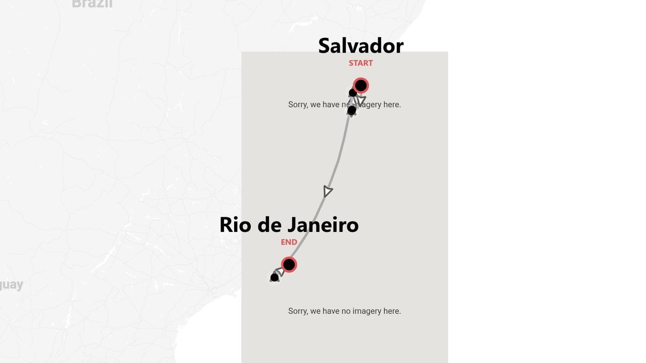 Mappa di un itinerario di viaggio in Brasile, da Salvador a Rio de Janeiro.