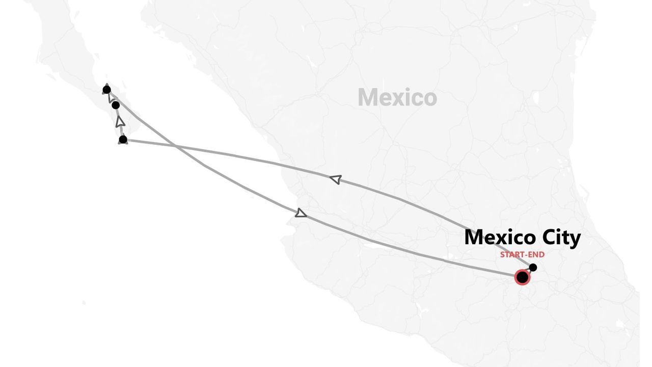 Una mappa stilizzata che mostra un itinerario di viaggio di andata e ritorno in Messico, con inizio e fine a Città del Messico.