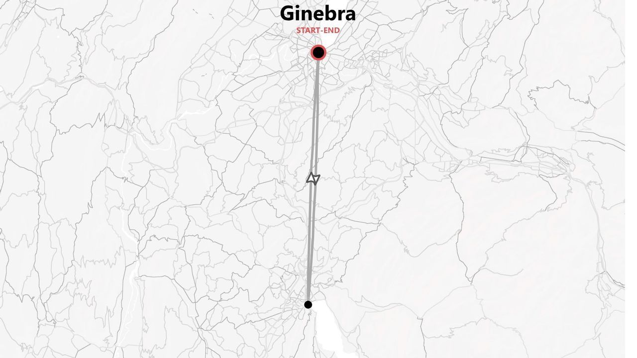 Un mapa minimalista que muestra una ruta de viaje que comienza y termina en la ciudad de Ginebra.