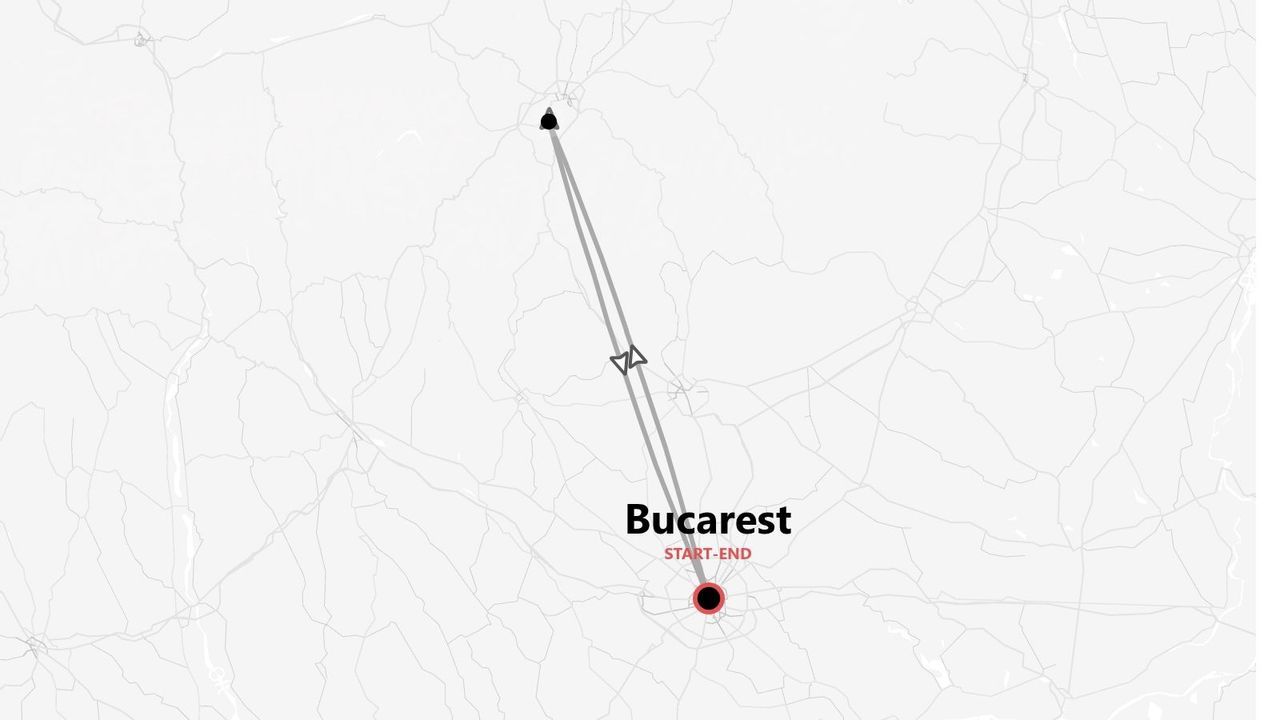 Mappa minimalista che illustra un viaggio circolare con partenza e arrivo a Bucarest.