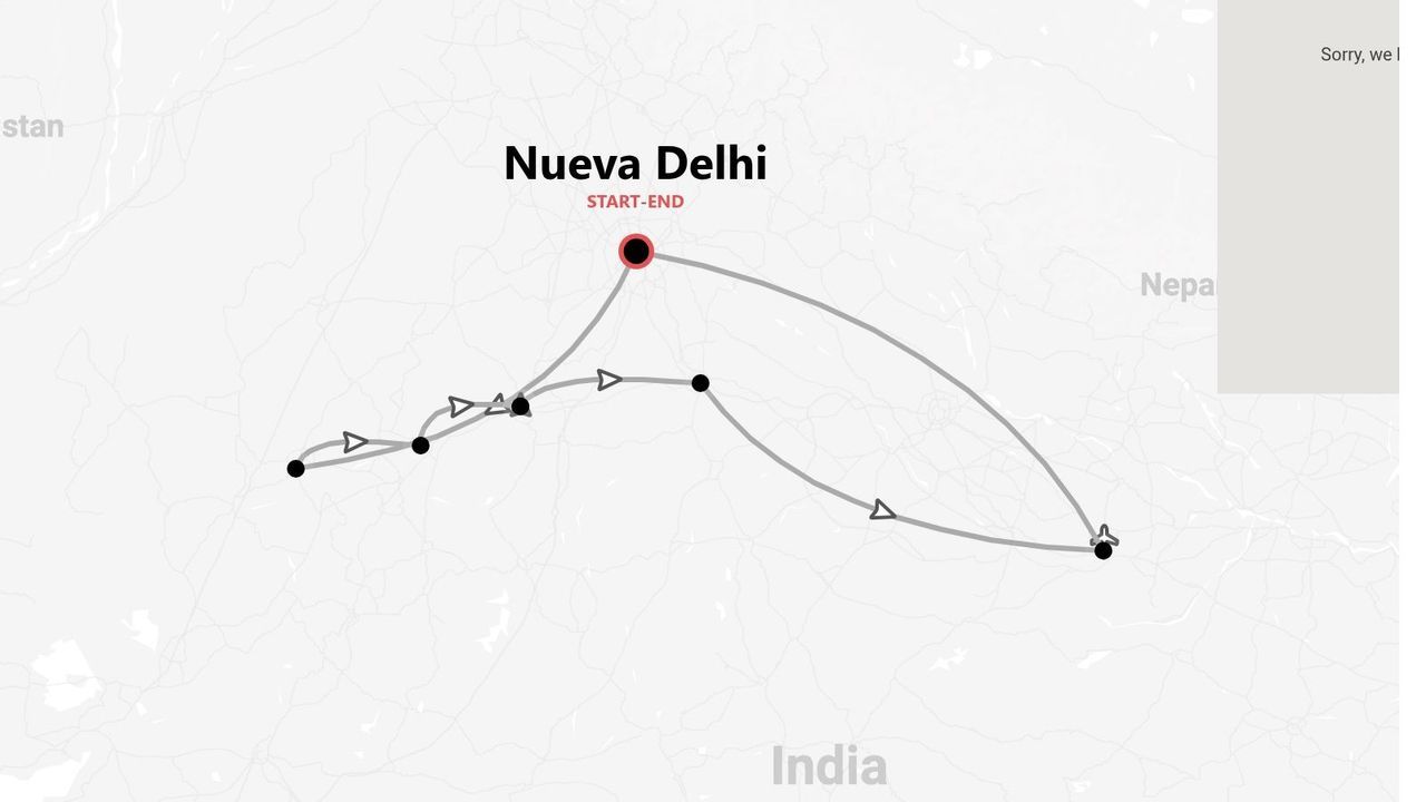 Un mapa que ilustra un itinerario de viaje en India, con dos rutas que comienzan y terminan en Nueva Delhi.